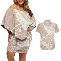Polynesian Vintage Floral Couples Matching Off Shoulder Short Dress and Hawaiian Shirt Beige Motifs LT7 Beige - Polynesian Pride