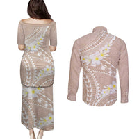Polynesian Vintage Floral Couples Matching Puletasi and Long Sleeve Button Shirt Beige Motifs LT7 - Polynesian Pride