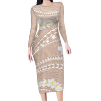 Polynesian Vintage Floral Family Matching Long Sleeve Bodycon Dress and Hawaiian Shirt Beige Motifs - Polynesian Pride
