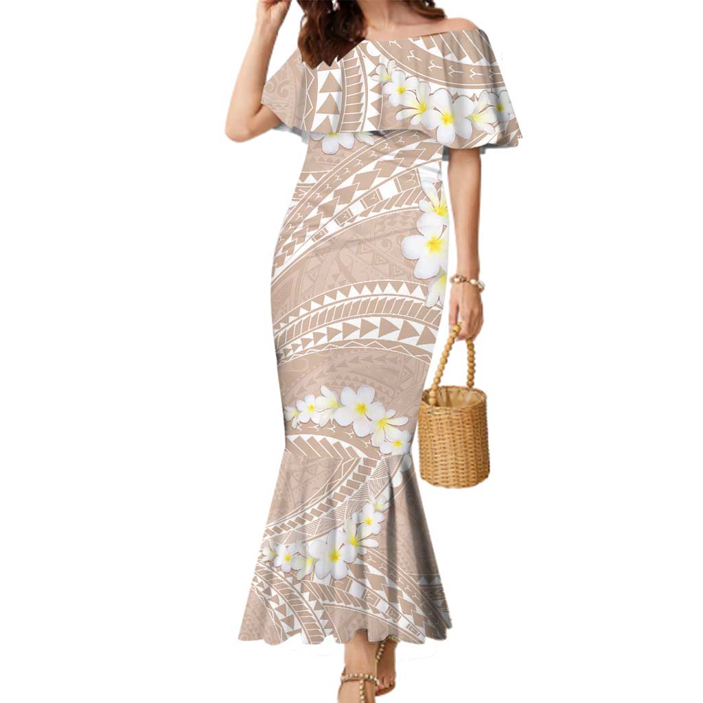 Polynesian Vintage Floral Family Matching Mermaid Dress and Hawaiian Shirt Beige Motifs - Polynesian Pride