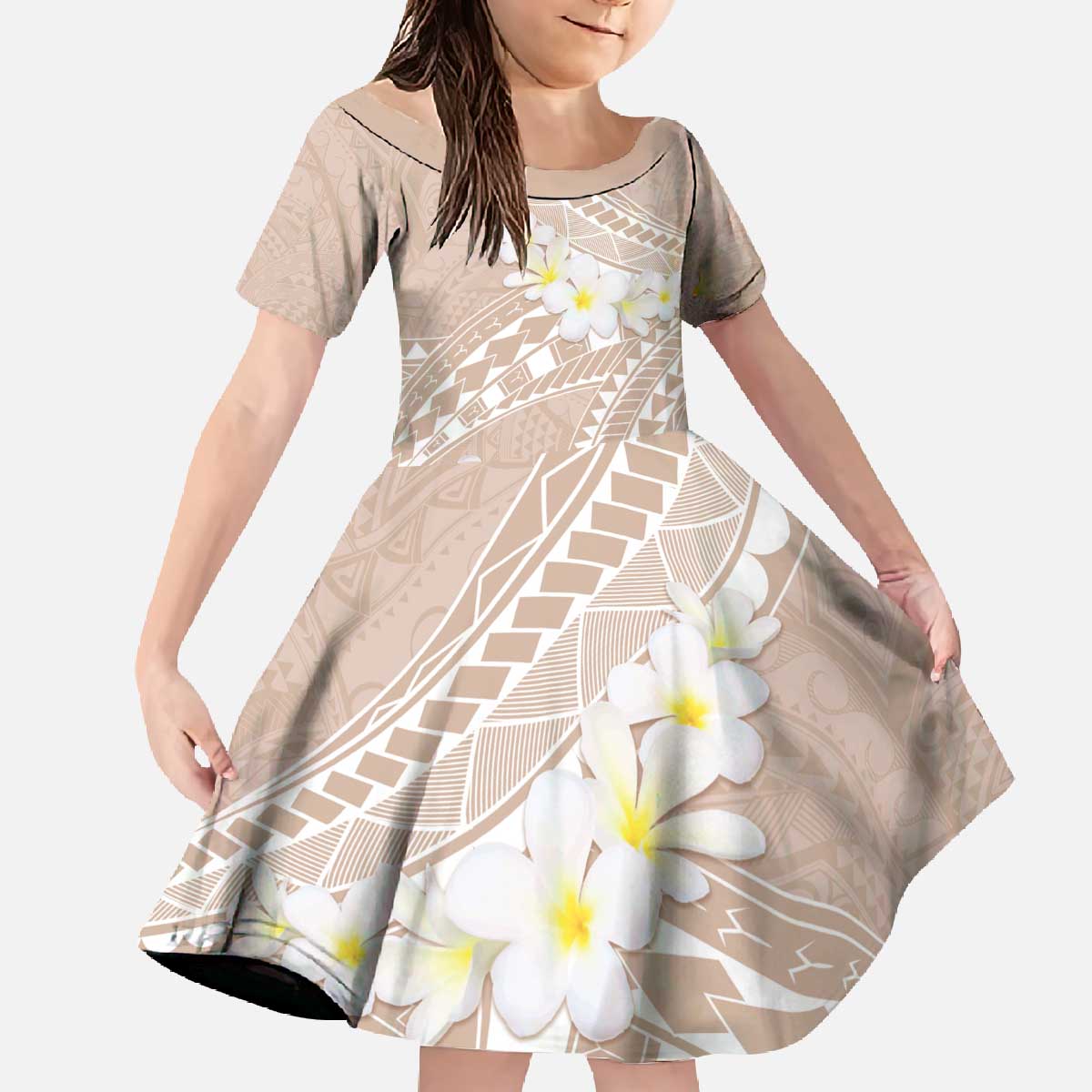 Polynesian Vintage Floral Family Matching Off The Shoulder Long Sleeve Dress and Hawaiian Shirt Beige Motifs - Polynesian Pride