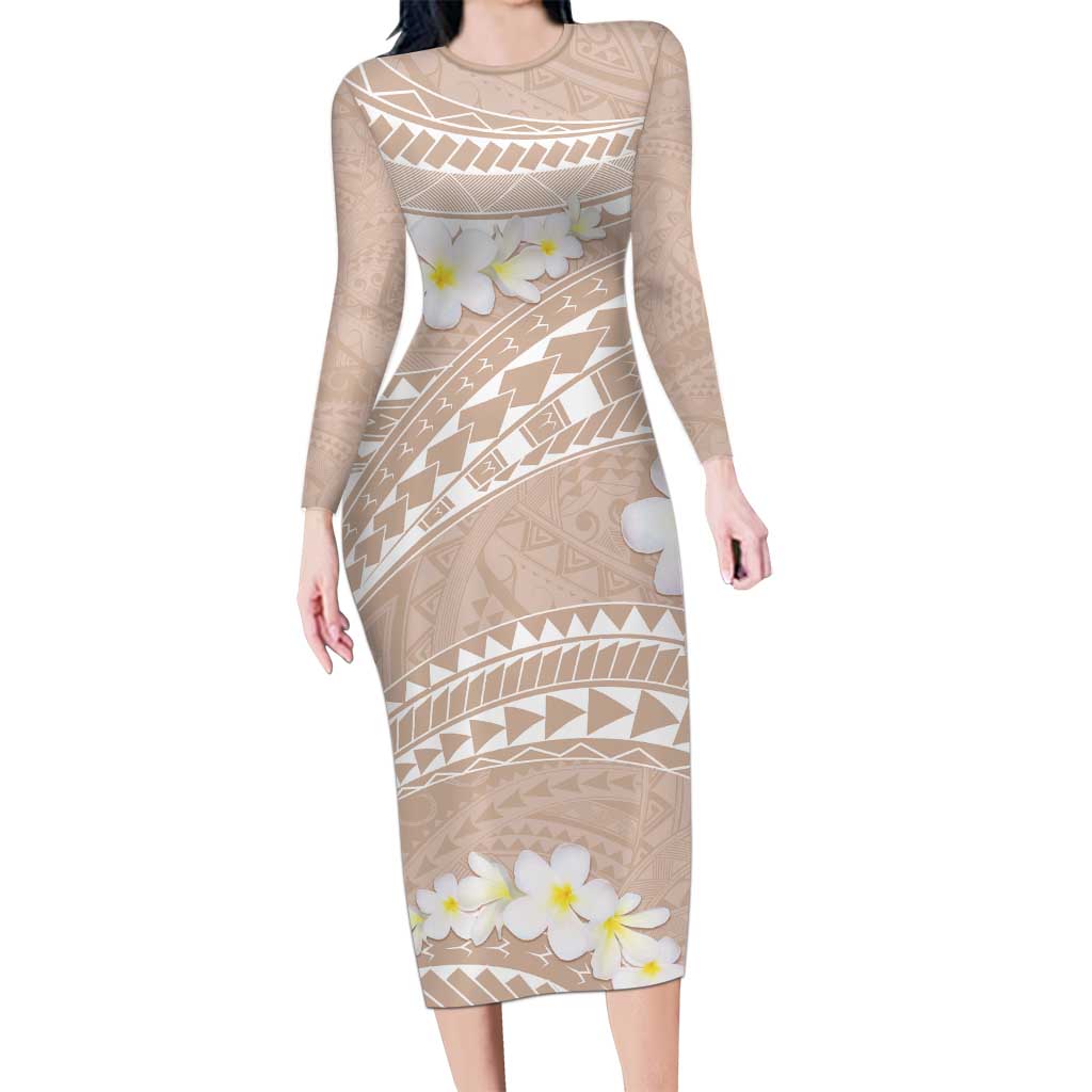 Polynesian Vintage Floral Long Sleeve Bodycon Dress Beige Motifs - Polynesian Pride