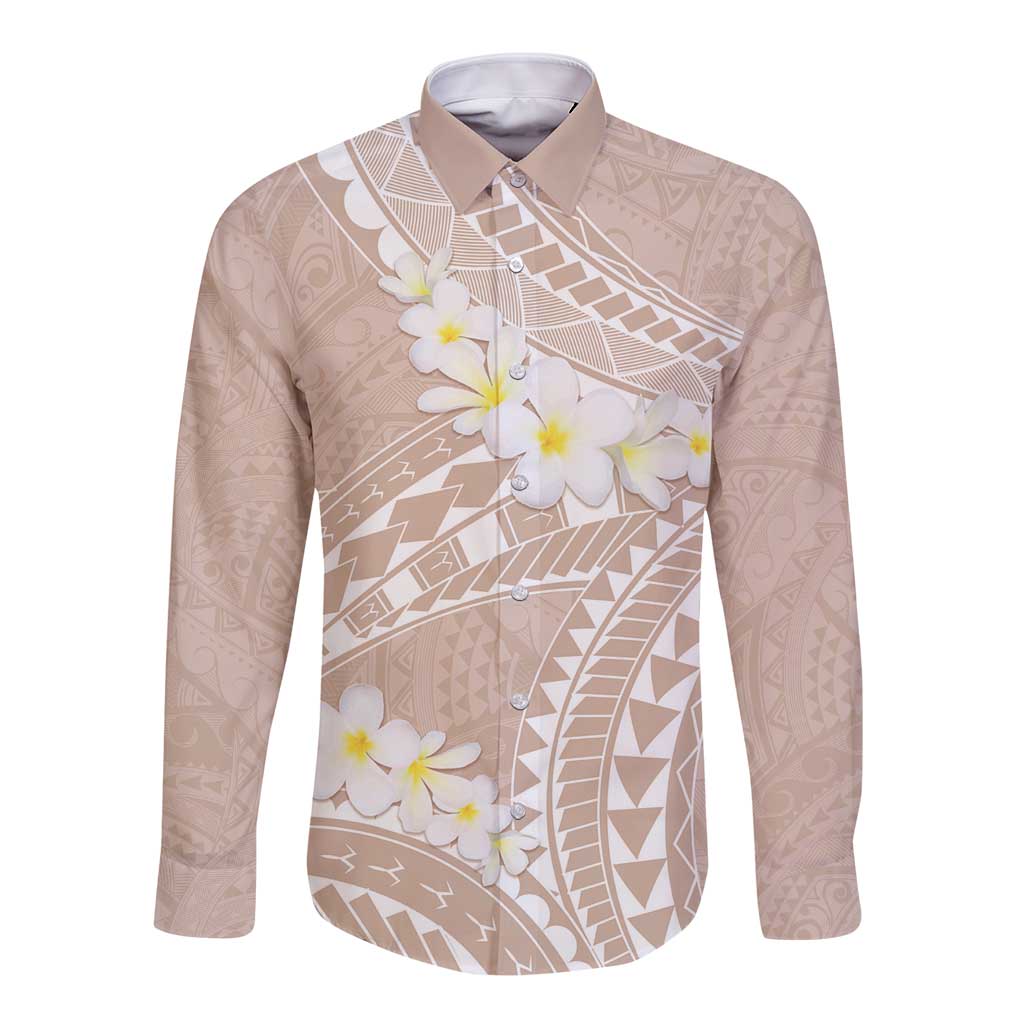 Polynesian Vintage Floral Long Sleeve Button Shirt Beige Motifs LT7 Unisex Beige - Polynesian Pride