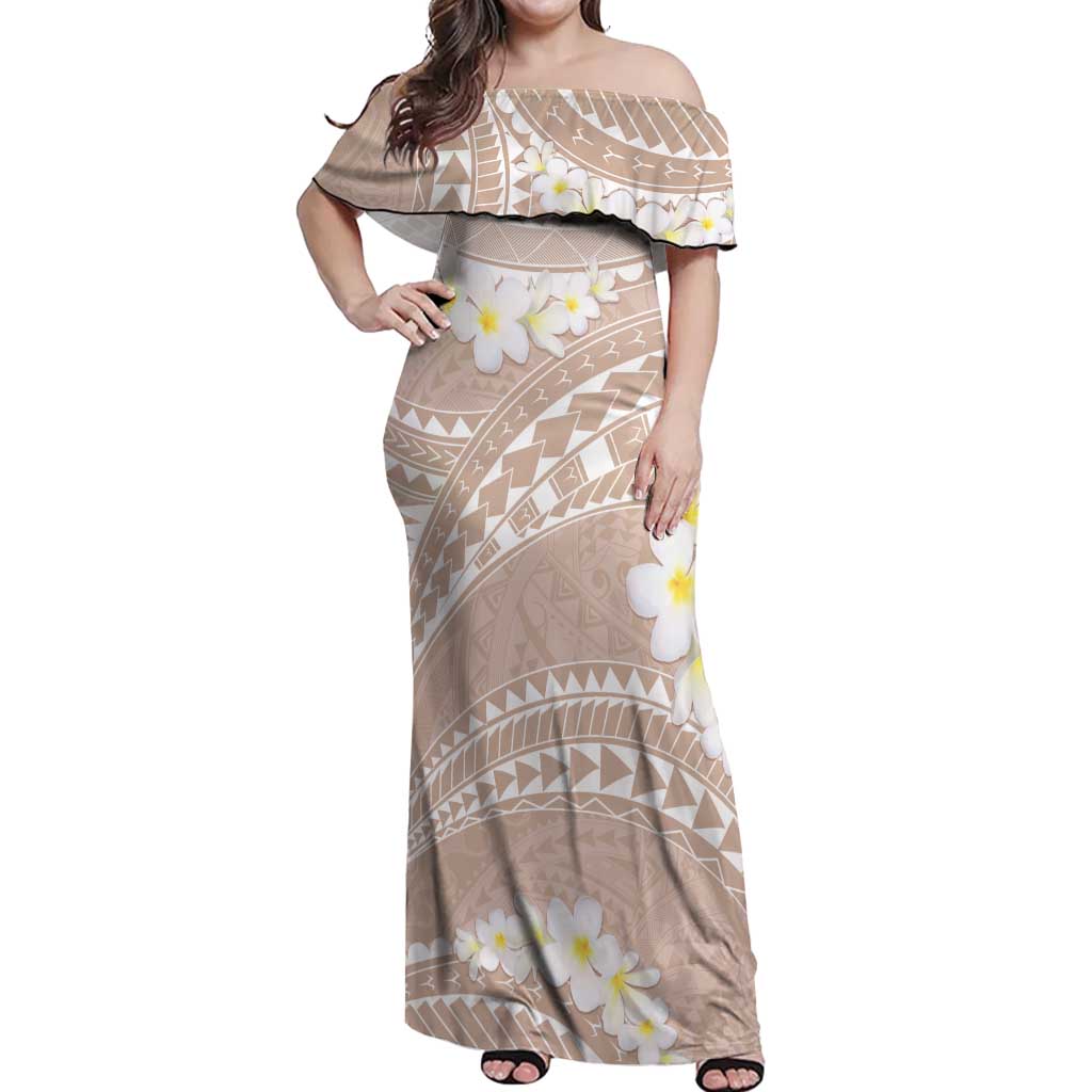 Polynesian Vintage Floral Off Shoulder Maxi Dress Beige Motifs - Polynesian Pride