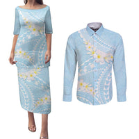 Polynesian Vintage Floral Couples Matching Puletasi and Long Sleeve Button Shirt Azure Motifs LT7 Azure - Polynesian Pride