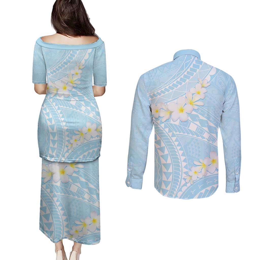 Polynesian Vintage Floral Couples Matching Puletasi and Long Sleeve Button Shirt Azure Motifs LT7 - Polynesian Pride