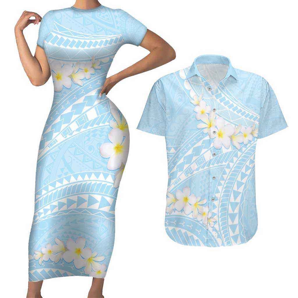 Polynesian Vintage Floral Couples Matching Short Sleeve Bodycon Dress and Hawaiian Shirt Azure Motifs - Polynesian Pride