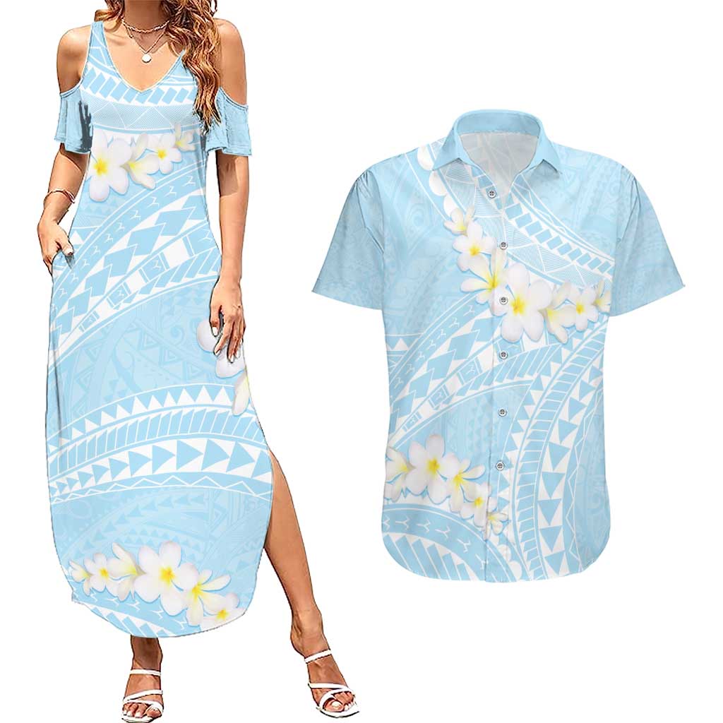 Polynesian Vintage Floral Couples Matching Summer Maxi Dress and Hawaiian Shirt Azure Motifs - Polynesian Pride