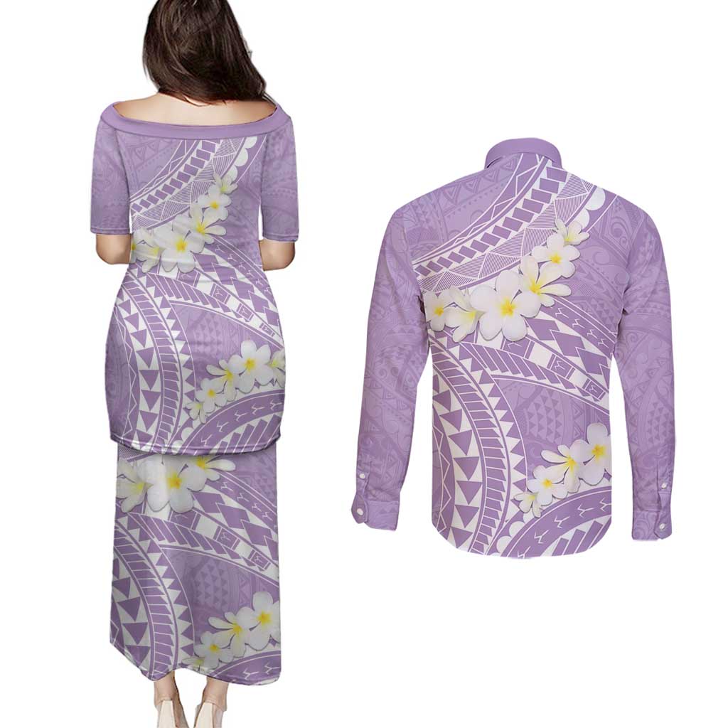 Polynesian Vintage Floral Couples Matching Puletasi and Long Sleeve Button Shirt Lavender Motifs LT7 - Polynesian Pride