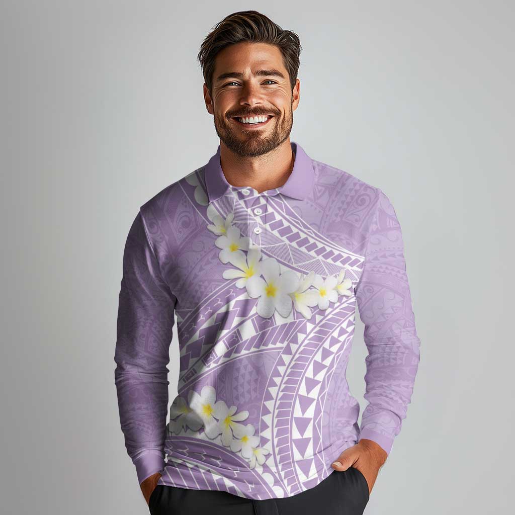 Polynesian Vintage Floral Long Sleeve Polo Shirt Lavender Motifs LT7 - Polynesian Pride