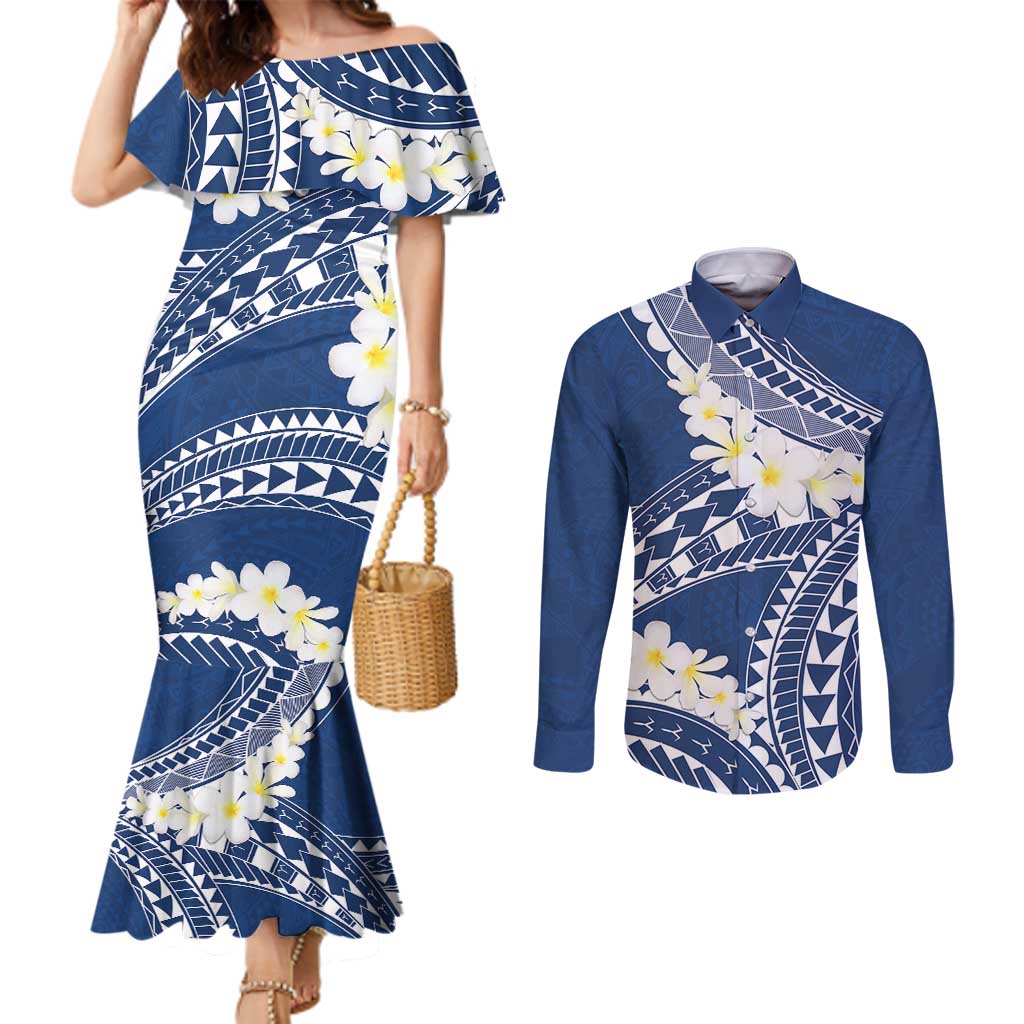 Polynesian Vintage Floral Couples Matching Mermaid Dress and Long Sleeve Button Shirt Navy Blue Motifs - Polynesian Pride