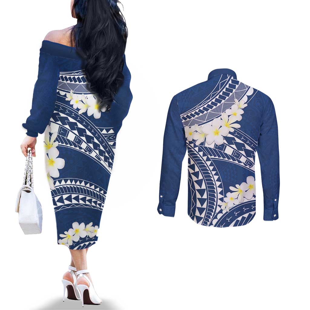 Polynesian Vintage Floral Couples Matching Off The Shoulder Long Sleeve Dress and Long Sleeve Button Shirt Navy Blue Motifs - Polynesian Pride
