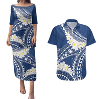 Polynesian Vintage Floral Couples Matching Puletasi and Hawaiian Shirt Navy Blue Motifs LT7 Navy Blue - Polynesian Pride