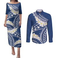 Polynesian Vintage Floral Couples Matching Puletasi and Long Sleeve Button Shirt Navy Blue Motifs LT7 Navy Blue - Polynesian Pride