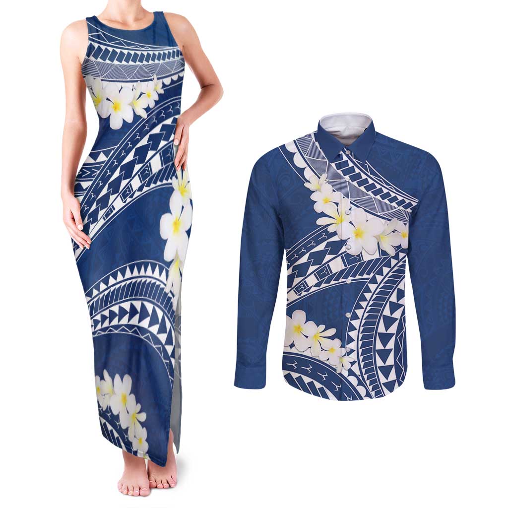 Polynesian Vintage Floral Couples Matching Tank Maxi Dress and Long Sleeve Button Shirt Navy Blue Motifs - Polynesian Pride