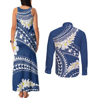 Polynesian Vintage Floral Couples Matching Tank Maxi Dress and Long Sleeve Button Shirt Navy Blue Motifs - Polynesian Pride