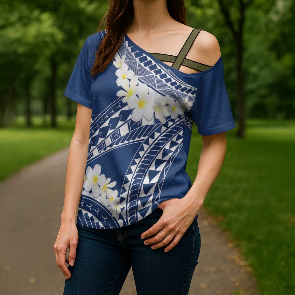 Polynesian Vintage Floral Cross Shoulder Shirt Navy Blue Motifs LT7 - Polynesian Pride