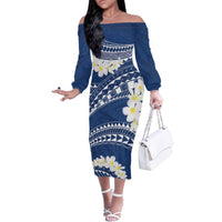 Polynesian Vintage Floral Family Matching Off The Shoulder Long Sleeve Dress and Hawaiian Shirt Navy Blue Motifs - Polynesian Pride