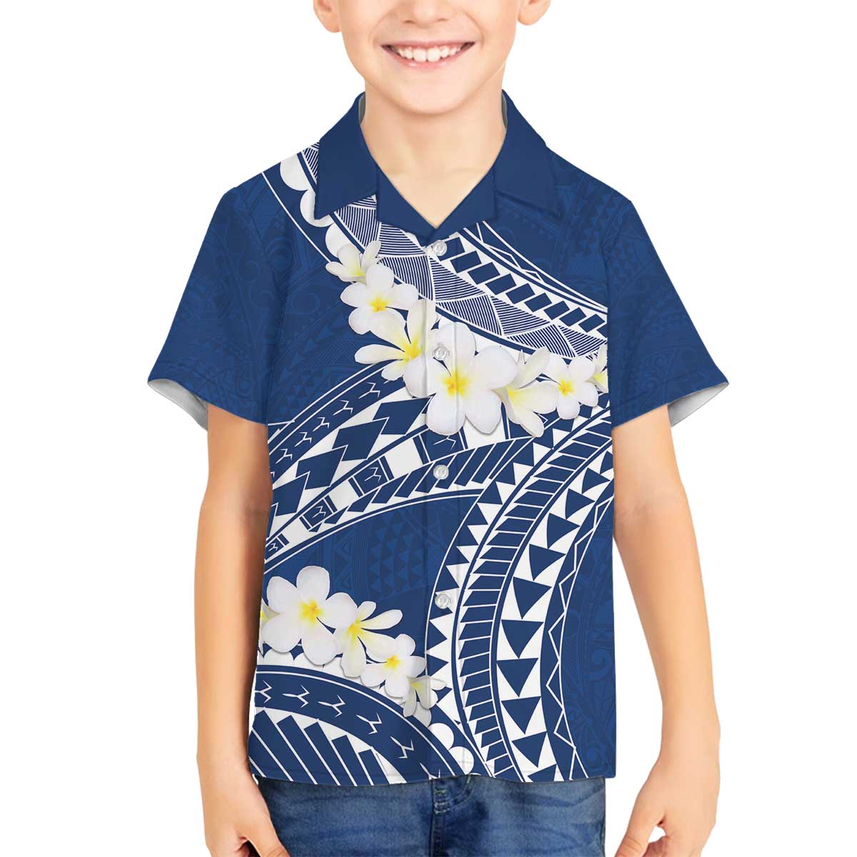 Polynesian Vintage Floral Family Matching Off The Shoulder Long Sleeve Dress and Hawaiian Shirt Navy Blue Motifs - Polynesian Pride