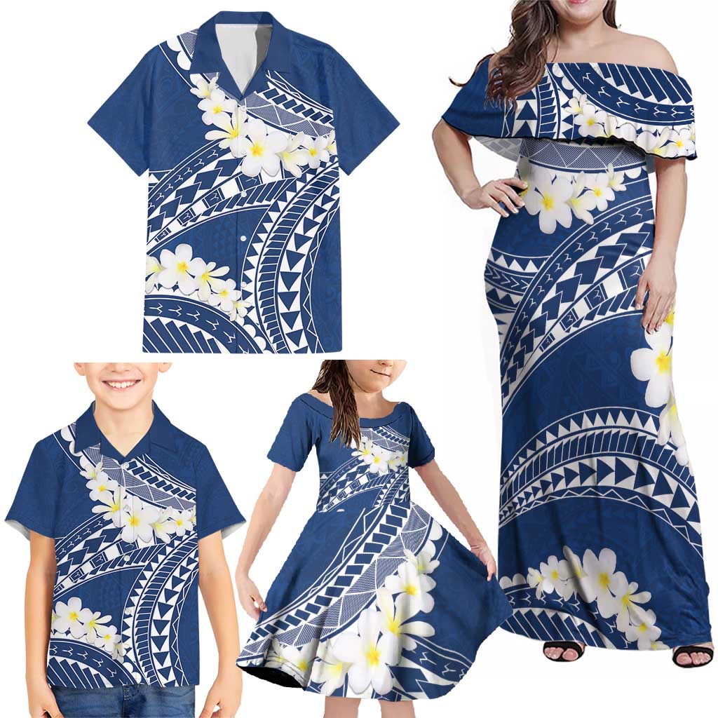 Polynesian Vintage Floral Family Matching Off Shoulder Maxi Dress and Hawaiian Shirt Navy Blue Motifs LT7 - Polynesian Pride