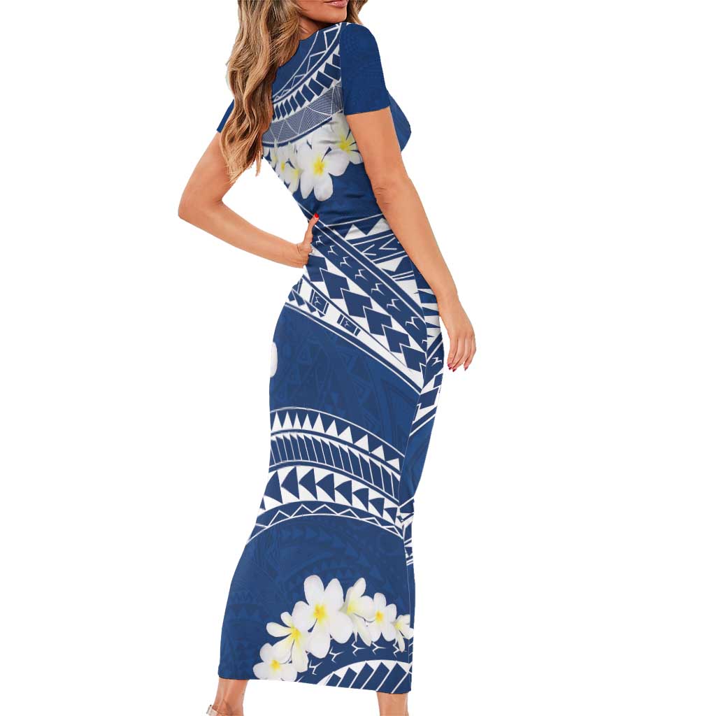 Polynesian Vintage Floral Family Matching Short Sleeve Bodycon Dress and Hawaiian Shirt Navy Blue Motifs - Polynesian Pride