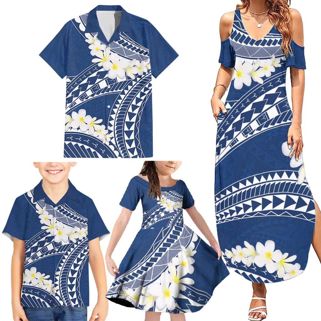 Polynesian Vintage Floral Family Matching Summer Maxi Dress and Hawaiian Shirt Navy Blue Motifs LT7 - Polynesian Pride