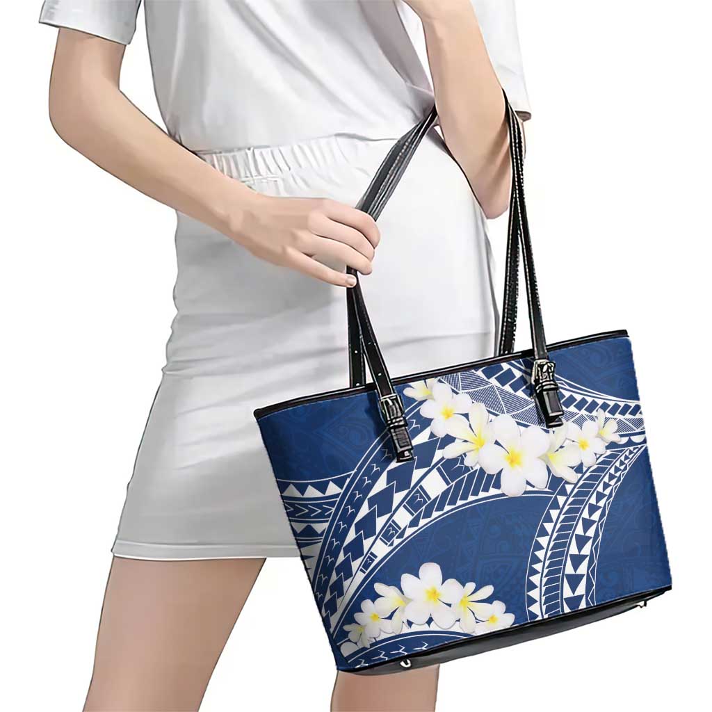 Polynesian Vintage Floral Leather Tote Bag Navy Blue Motifs - Polynesian Pride