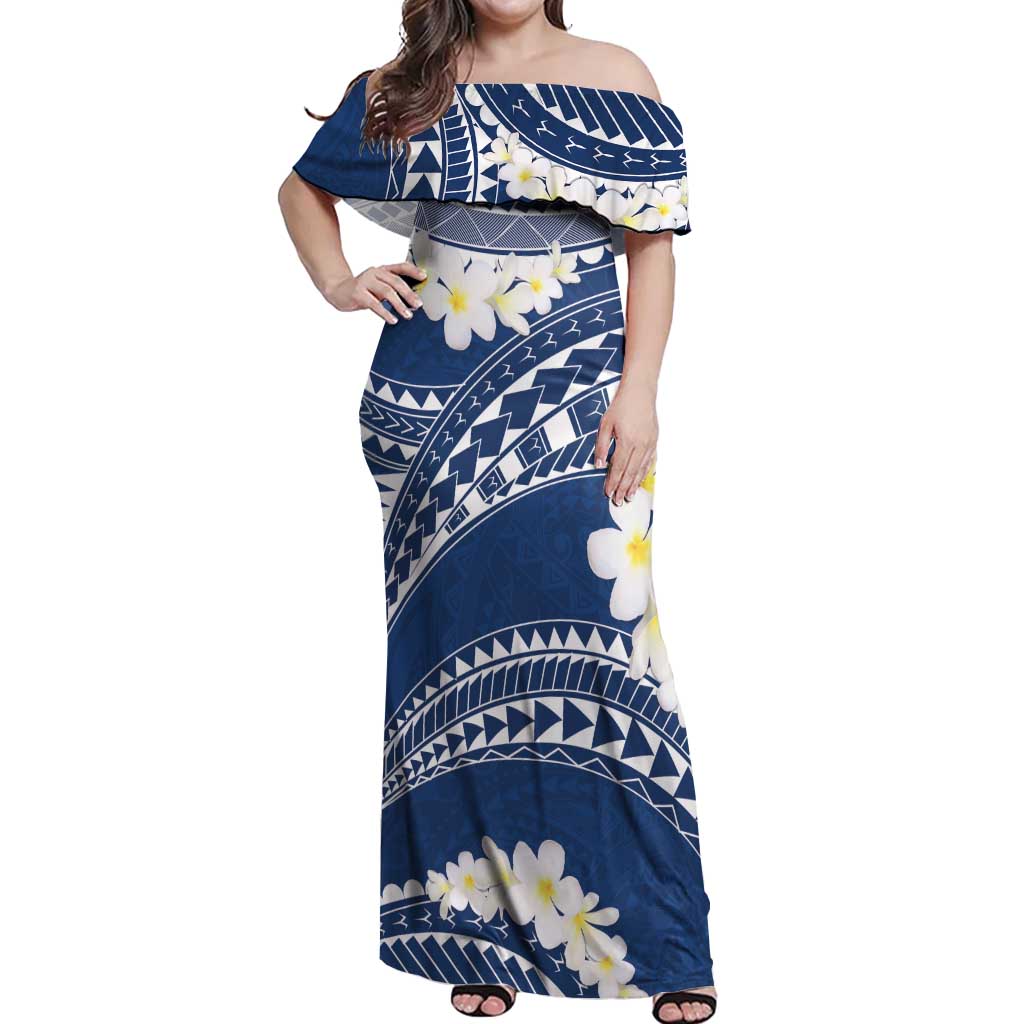 Polynesian Vintage Floral Off Shoulder Maxi Dress Navy Blue Motifs - Polynesian Pride
