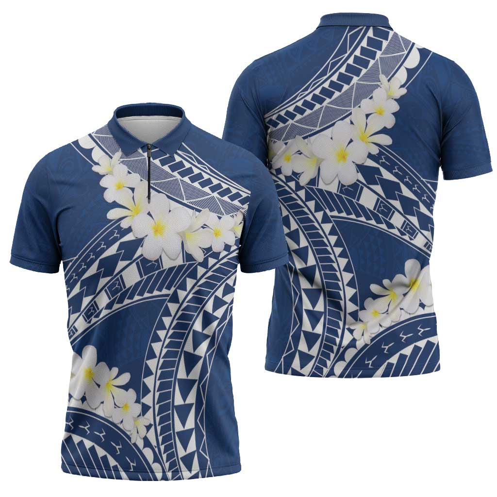 Polynesian Vintage Floral Zipper Polo Shirt Navy Blue Motifs LT7 - Polynesian Pride