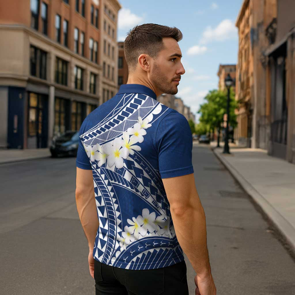 Polynesian Vintage Floral Zipper Polo Shirt Navy Blue Motifs LT7 - Polynesian Pride