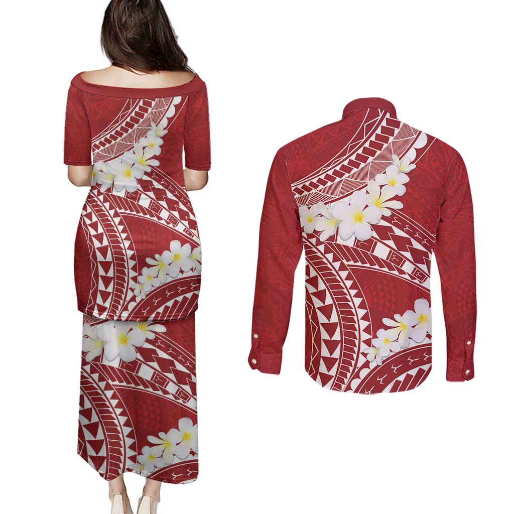 Polynesian Vintage Floral Couples Matching Puletasi and Long Sleeve Button Shirt Scarlet Motifs LT7 - Polynesian Pride