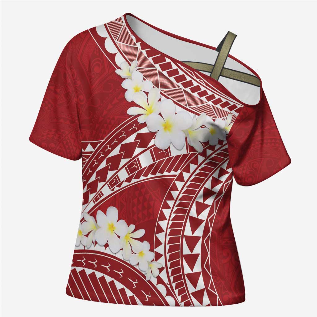 Polynesian Vintage Floral Cross Shoulder Shirt Scarlet Motifs LT7 Female Scarlet - Polynesian Pride