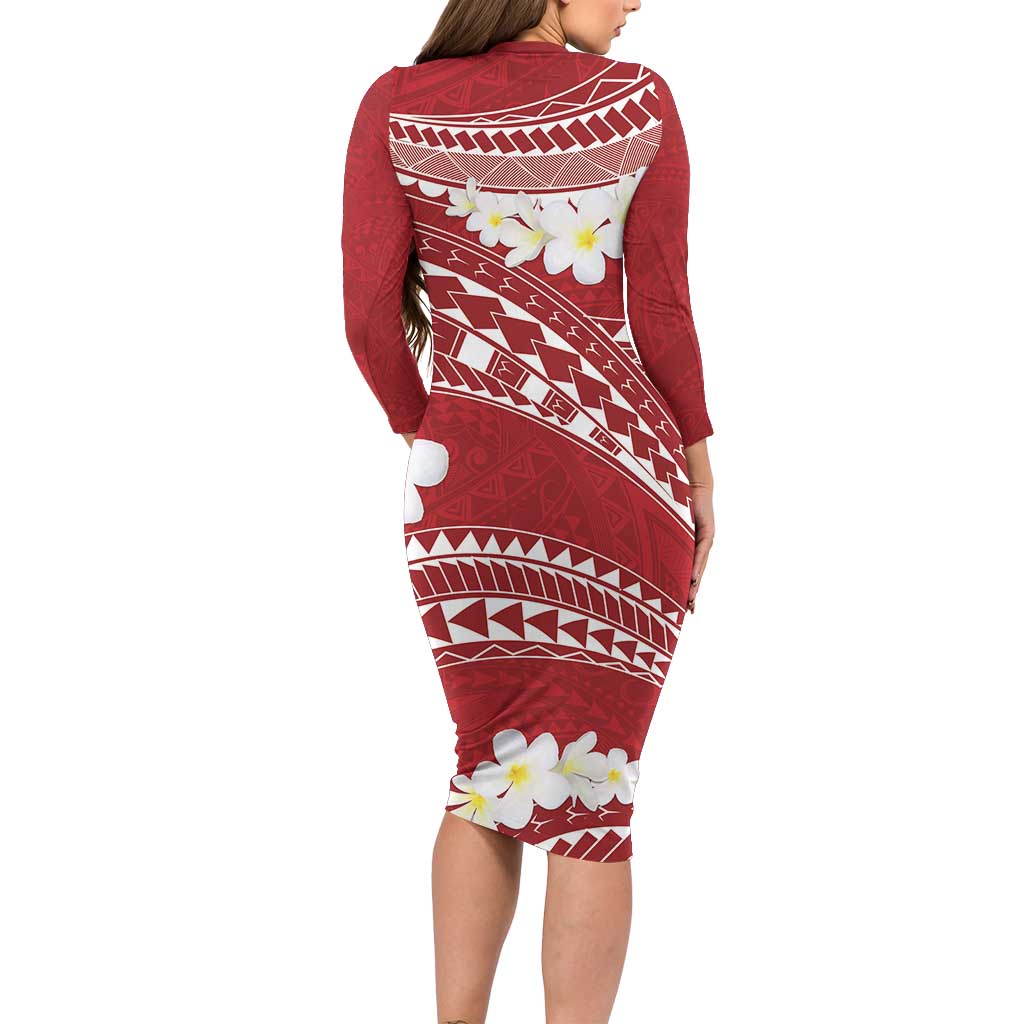 Polynesian Vintage Floral Family Matching Long Sleeve Bodycon Dress and Hawaiian Shirt Scarlet Motifs - Polynesian Pride