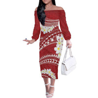 Polynesian Vintage Floral Family Matching Off The Shoulder Long Sleeve Dress and Hawaiian Shirt Scarlet Motifs - Polynesian Pride
