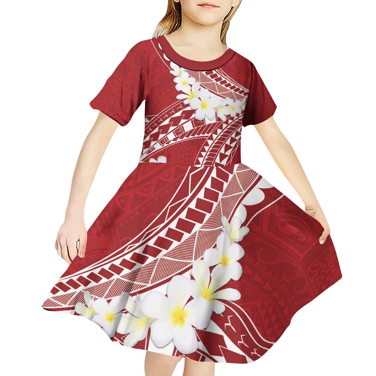 Polynesian Vintage Floral Kid Short Sleeve Dress Scarlet Motifs - Polynesian Pride