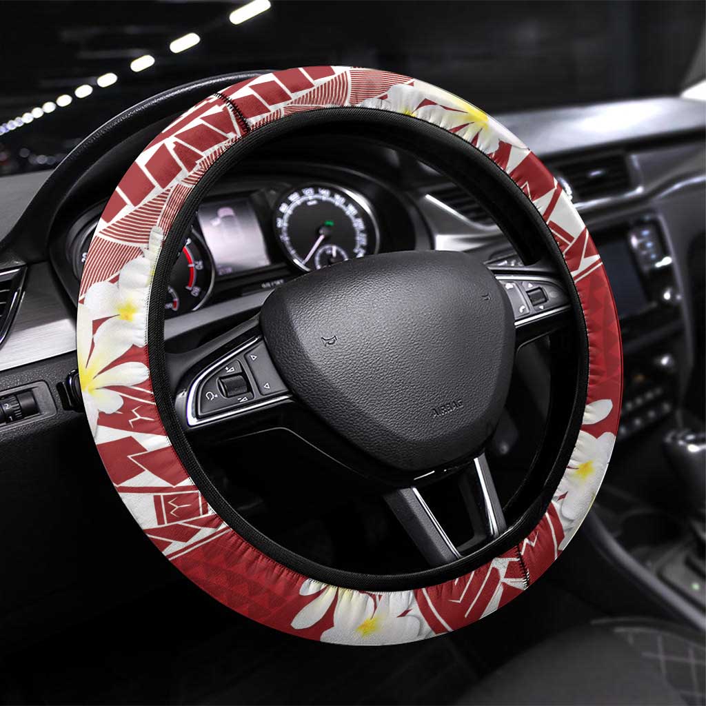 Polynesian Vintage Floral Steering Wheel Cover Scarlet Motifs LT7 Universal Fit Scarlet - Polynesian Pride