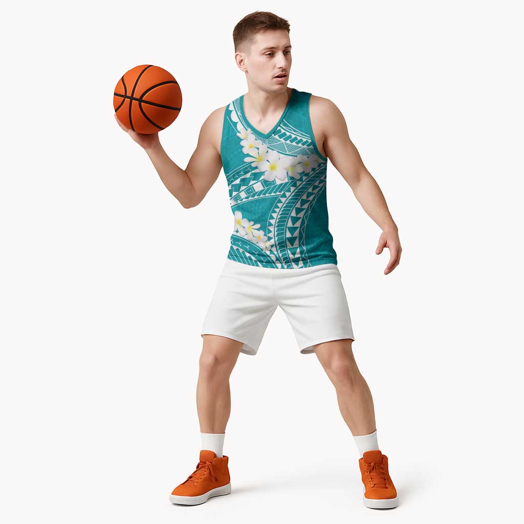 Polynesian Vintage Floral Basketball Jersey Teal Motifs LT7 - Polynesian Pride