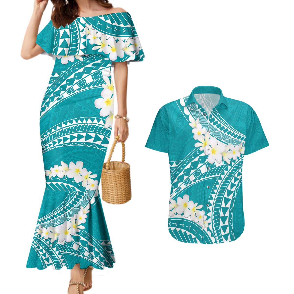 Polynesian Vintage Floral Couples Matching Mermaid Dress and Hawaiian Shirt Teal Motifs LT7 Teal - Polynesian Pride