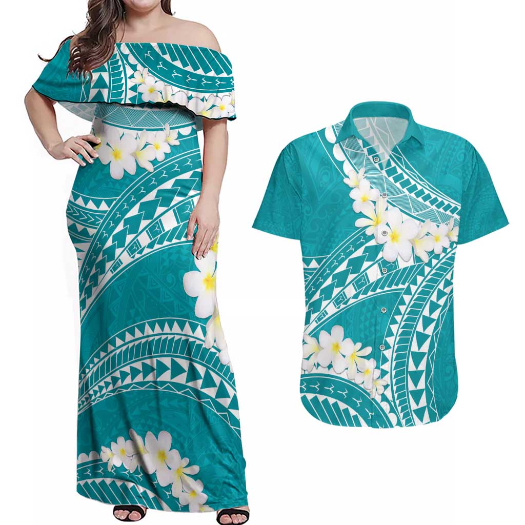 Polynesian Vintage Floral Couples Matching Off Shoulder Maxi Dress and Hawaiian Shirt Teal Motifs LT7 Teal - Polynesian Pride