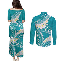 Polynesian Vintage Floral Couples Matching Puletasi and Long Sleeve Button Shirt Teal Motifs LT7 - Polynesian Pride