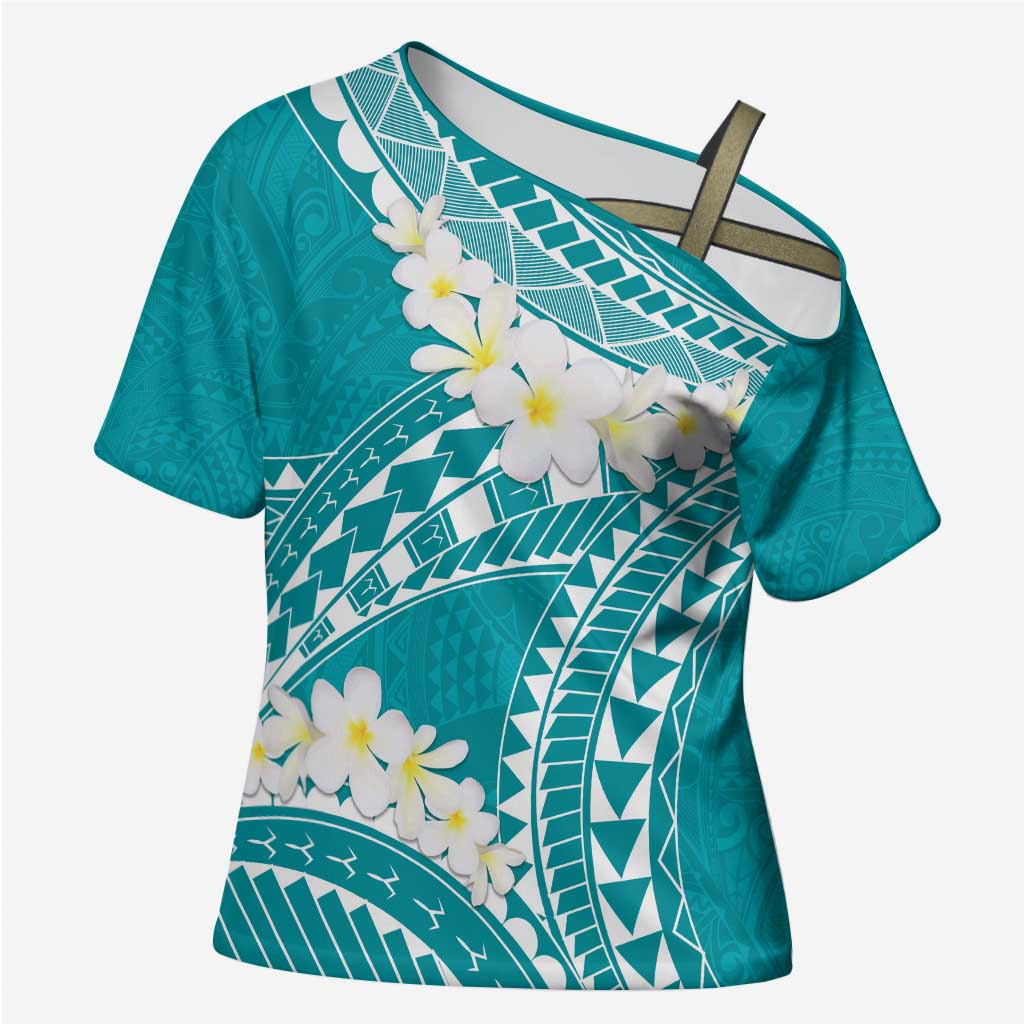Polynesian Vintage Floral Cross Shoulder Shirt Teal Motifs LT7 Female Teal - Polynesian Pride