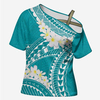 Polynesian Vintage Floral Cross Shoulder Shirt Teal Motifs LT7 Female Teal - Polynesian Pride