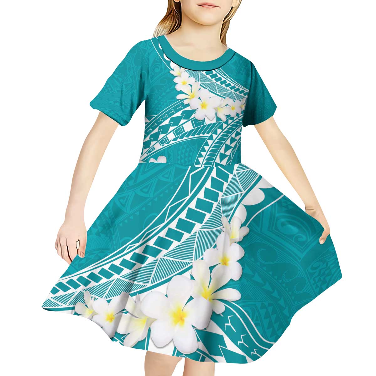 Polynesian Vintage Floral Kid Short Sleeve Dress Teal Motifs - Polynesian Pride