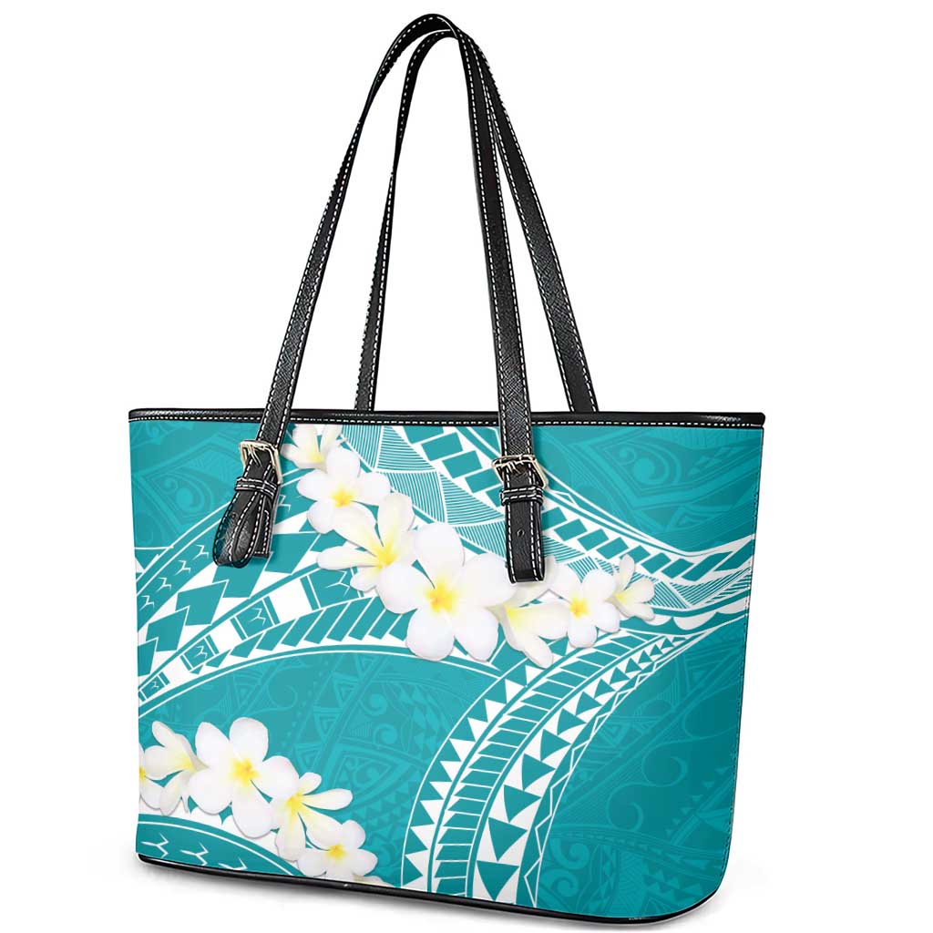 Polynesian Vintage Floral Leather Tote Bag Teal Motifs - Polynesian Pride