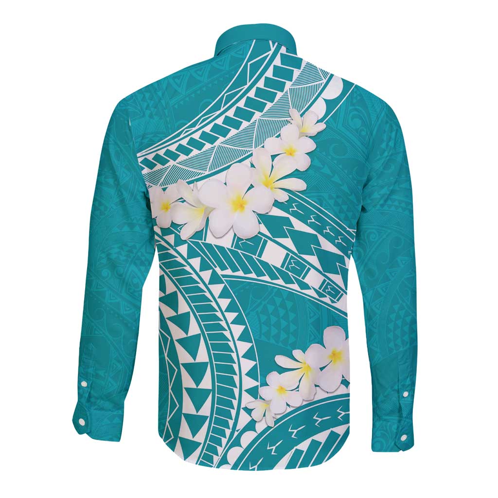 Polynesian Vintage Floral Long Sleeve Button Shirt Teal Motifs LT7 - Polynesian Pride