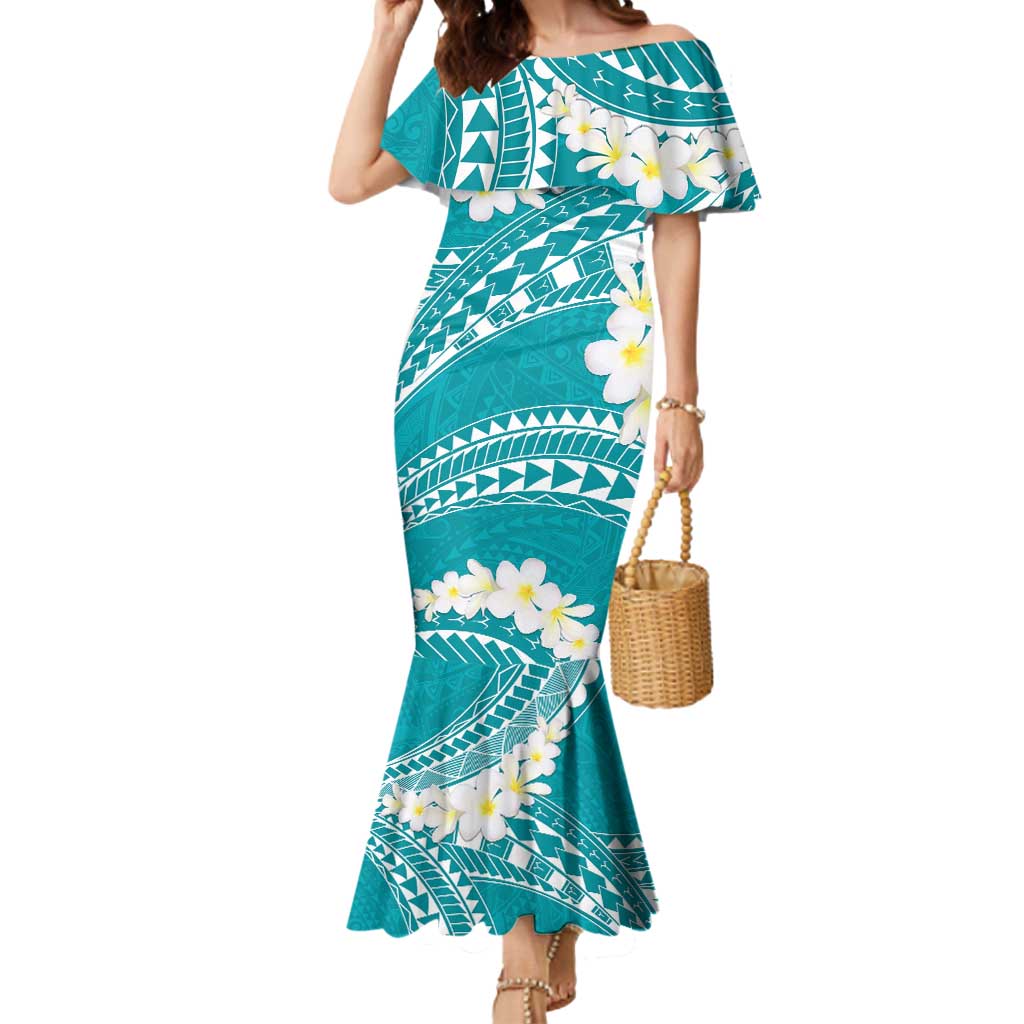 Polynesian Vintage Floral Mermaid Dress Teal Motifs - Polynesian Pride