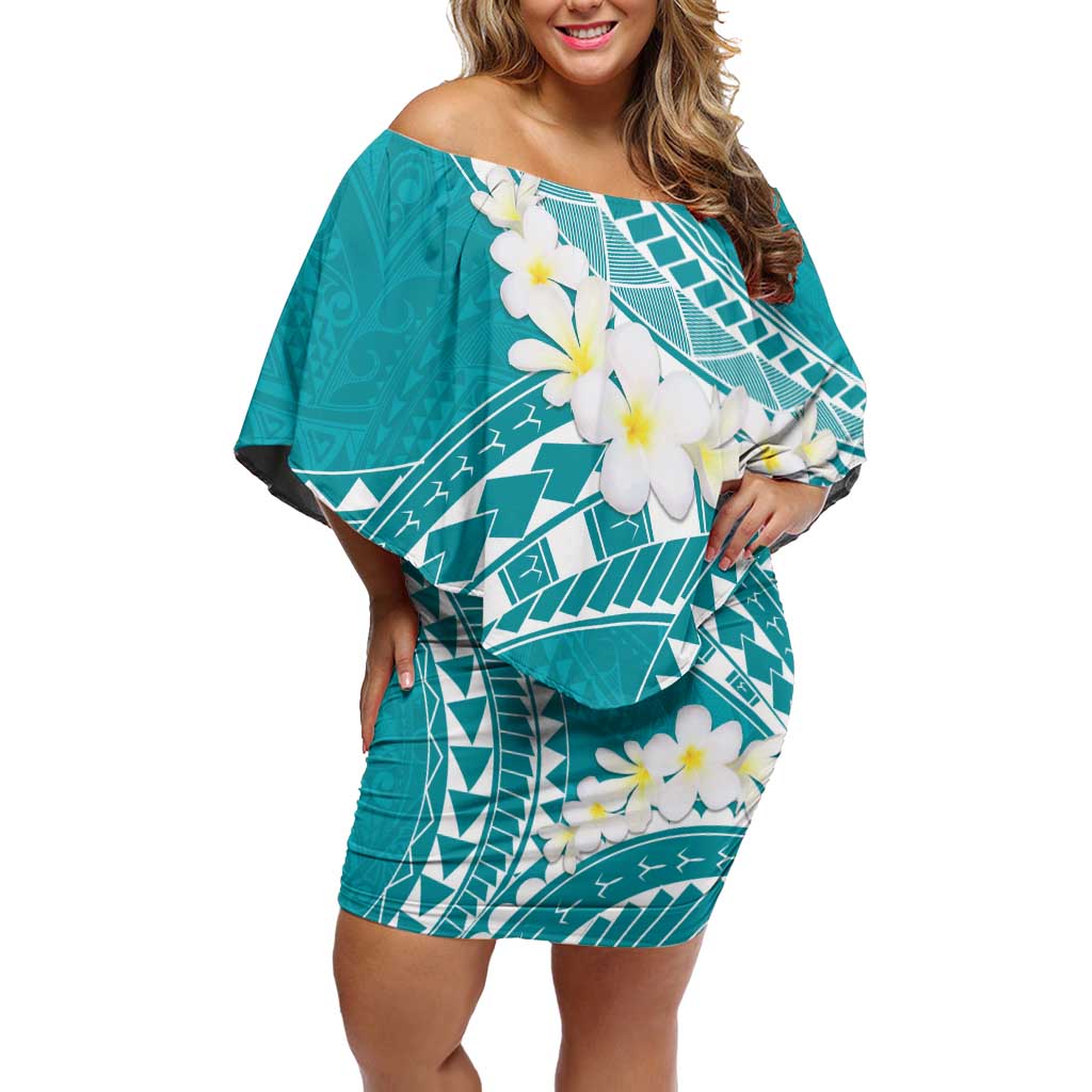 Polynesian Vintage Floral Off Shoulder Short Dress Teal Motifs - Polynesian Pride