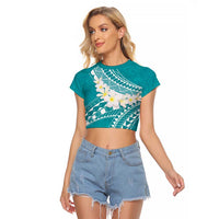 Polynesian Vintage Floral Raglan Cropped T Shirt Teal Motifs - Polynesian Pride