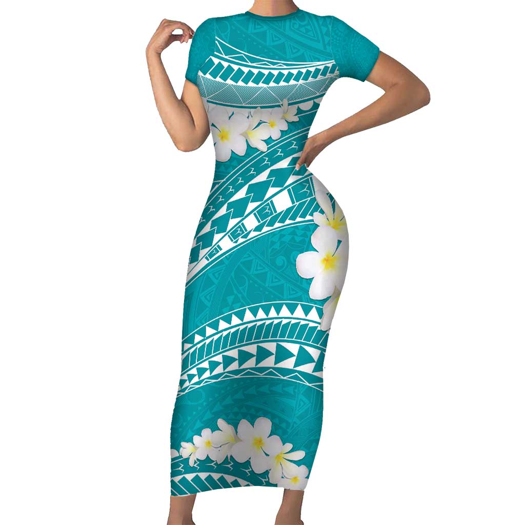 Polynesian Vintage Floral Short Sleeve Bodycon Dress Teal Motifs - Polynesian Pride
