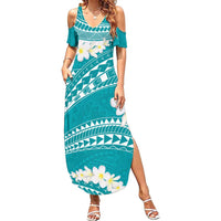 Polynesian Vintage Floral Summer Maxi Dress Teal Motifs - Polynesian Pride